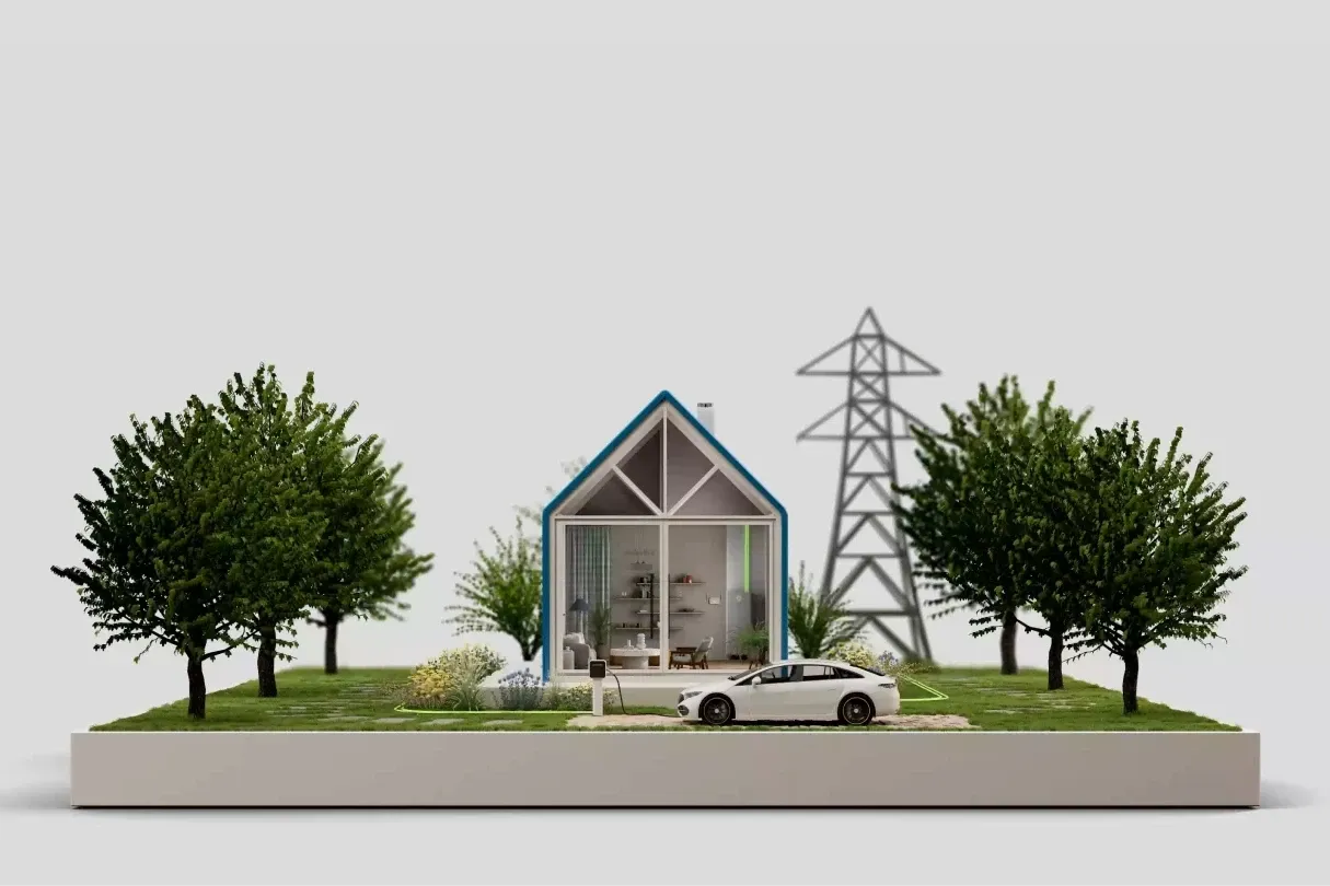 Bliq illustration of a home with an electric car, connected to the electricity grid